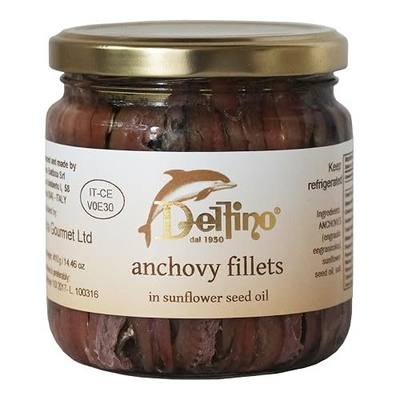 Delfino Battista Anchovy Fillets in Oil from Cetara Italy, 14.5 Ounce Glass Jar – Premium Anchovy Fillets, Canned Anchovies, Tinned Anchovies, Gourmet Fish Fillet Quality