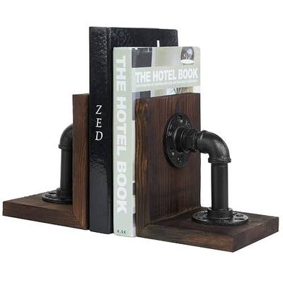 MyGift Burnt Wood Bookends with Metal Industrial Pipe Design, 2 Piece Set | Farmhouse Industrial Style Book ends for Shelves, Decorative Wood Book Stopper for Home Office, Decor for Office, Library