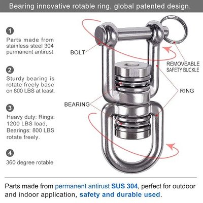 BeneLabel Swing Swivel with 2 Bearing, 360° Rotation, 770LB Capacity, Safest Rotational Device Hanging Accessory for Web Tree Swing, Aerial Dance, Children's Swing, Yoga Swing Sets