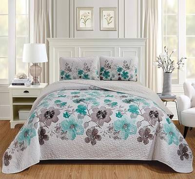 Luxury Home Collection 2 Piece Twin/Twin XL Quilted Reversible Coverlet Bedspread Set Floral Printed Turquoise White Gray