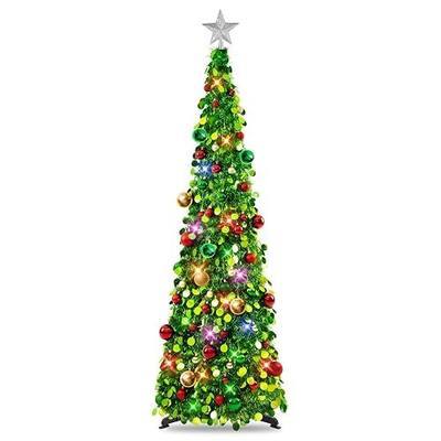 N&T NIETING Pop Up Christmas Tree with Lights & 30 Balls, 5Ft Collapsible Green Tinsel Christmas Tree Decoration for Holiday Xmas Home Office Decor