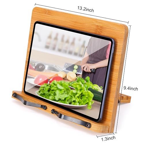 MEGREZ Book Stand for Reading (13.2 x 9.4 inch) Bamboo Cookbook Stand Holder for Kitchen, Adjustable Book Holder Stand for Tablet/Textbook Holder/Hollow Bookrest Stand, Bow