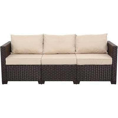 WAROOM Patio Couch PE Rattan 3-Seat Outdoor Sofa Brown Wicker Furniture Set Deep Seating with Anti-Slip Beige Cushion