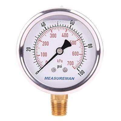 MEASUREMAN Pressure Gauge 1/4 NPT, 0-100psi/kPa Glycerin Filled Pressure Gauge with 2.5 Inch Dial Size and 304 Stainless Steel Case (0-100 psi, Lower Mount)
