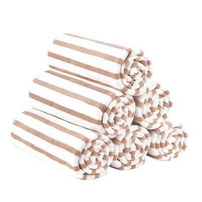 JML Microfiber Beach Towels Set, 6 Pack, 27" x 55", Cabana Stripe Coffee | Hanging Loop, Soft, Absorbent, Quick Dry, Lint-free, No Fading, For Swimming Pool Party