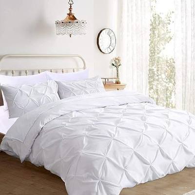 Pinch Pleated 3 Piece Duvet Cover Set 100% Egyptian Cotton 1000 Thread Count with Zipper & Corner Ties Rectangle Pattern Decorative Pintuck Pillow Shams (All Queen 90x90 Size, Pure White Solid)