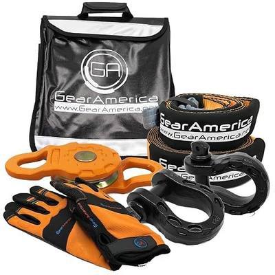 GearAmerica Off Road Recovery Kit, 25 Ton, Includes Tow Strap, Tree Saver, Mega Snatch Block Pulley, D-Ring Shackles, Winch Line Dampener Bag, Gloves - Off Road Recovery Gear, 4x4, Black