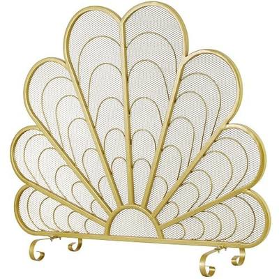 MyGift 38x32 Inch Peacock Feather Brass Tone Fireplace Screen, Spark Guard | Peacock Feather Detail, Freestanding Design, Curved Leg Support, Hearth Protection, Decorative Home Accent, Elegant Styling