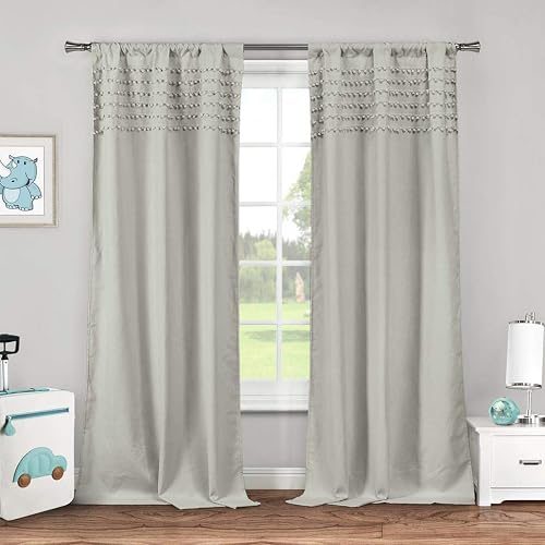 Lala + Bash - Lizbett PomPom Trim Top Border Pole Top Window Curtains for Living Room & Bedroom - Assorted Colors - Set of 2 Panels (38 X 84 Inch - Light Grey)