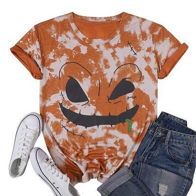 LUKYCILD Halloween Pumpkin Shirt Women Plaid Leopard Graphic Fall Tshirts Short Sleeve Thanksgiving Tops