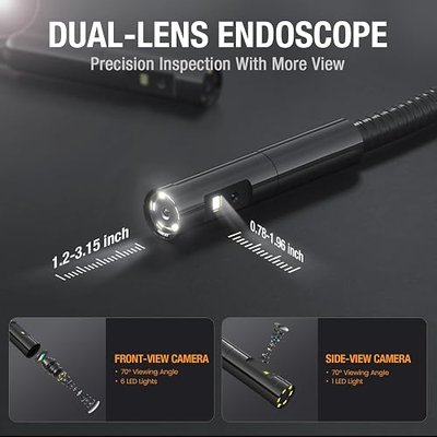 Teslong 5'' Dual Lens Borescope Camera for Wall & Engine Inspection | IPS Screen 16.5FT Cable Industrial Endoscope with 7 LEDs, Waterproof Fiber Optic Snake Scope for Automotive, HVAC, Plumbing