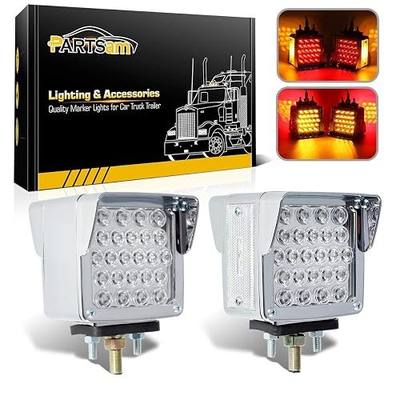 Partsam Double Face Square LED Fender Pedestal Lights Amber/Red 52 LED 3 Studs Mount Truck Trailer Stop Tail Turn Signal Lights Chrome Visor Waterproof w/Side Reflex Clearance Lights Clear Lens
