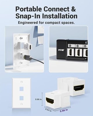 VCE 4K HDMI Keystone Jack, F2F Snap-in, for Keystone Wall Plate, 6-Pack | Snap-in Design for Keystone Wall Plate, HDMI Female to Female Coupler, White Color Coupler, 6-Pack Included