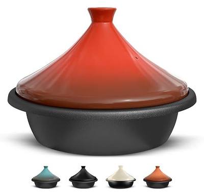 KooK Moroccan Tagine, Enameled Cast Iron Cooking Pot, Tajine with Ceramic Cone-Shaped Closed Lid, 3.3 QT, (Crimson)