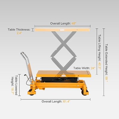 1760lbs Capacity Hydraulic Lift Table Cart | 59" Table Extended Height, Double Scissor Lift Table with 4 Wheels and Safety Back Guard for Material Handling