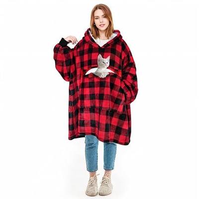 Solaris Red Plaid Wearable Blanket Hoodie with Large Pocket, Warm Super Soft Cozy Sherpa Sweatshirt Hoodie for Women Men, Christmas Gift for Loves