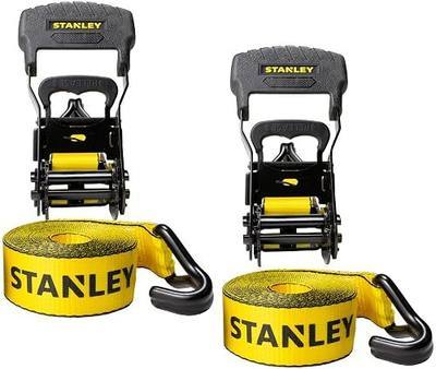 STANLEY S1007 Black/Yellow 1.5" x 16' Ratchet Tie Down Straps - 1,100 lb Safe Working Load / 3,300 lb Break Strength, 2 Pack | 3,300 lbs Break Strength, Weather-Resistant, Padded Ergonomic Grip Handles, Double J-Hooks, Easy to Secure Heavyweight Cargo
