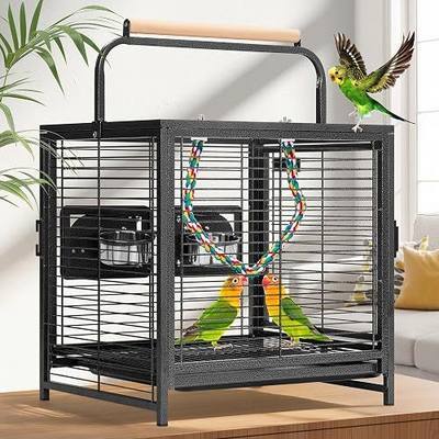 VIVOHOME 19 Inch Wrought Iron Travel Bird Cage for Cockatiel Parakeets | Bird Travel Carrier Cage with Wooden Handle/Perch, Slide-out Tray for Small Parrots Conures Lovebirds Canaries Finches, Black