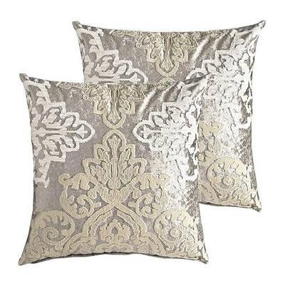 Velvet Embroidered Throw Pillow Covers Silver Grey and Beige with Champagne Gold Accent Damask Floral Luxury Boho Square Decorative Cushion Covers Pillow Cases for Sofa Couch Bed Chair, 2 Pack