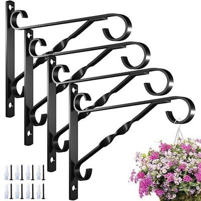 AMAGABELI GARDEN & HOME 4 Pack Hanging Plant Brackets Outdoor 10 inch Metal Fence Wall Plant Hanger Hooks for Hanging Flower Baskets Bird Feeders Lanterns Wind Chimes Rust-Resistant Black