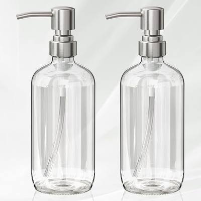 AmazerBath Soap Dispenser, 2 Pack Glass Soap Dispenser with Pump Stainless Steel, 17 Oz Hand Soap Bottles Bathroom Kitchen, Clear