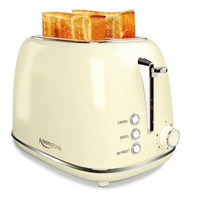 Toaster 2 Slice Keenstone Retro Stainless Steel Toaster with Bagel, Cancel, Defrost Function, Extra Wide Slot Toaster with High Lift Lever, 6 Shade Settings, Removal Crumb Tray,Sliver-Beige