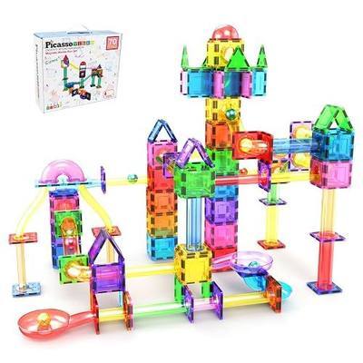 PicassoTiles 70 Piece Marble Run Magnetic Tiles Race Track STEM Ages 3+ | 8 quarter-round turns, 10 long slides, 4 U-turns, 2 funnels & 2 slopes, 4 weighted balls, BPA-free, fine motor & spatial play