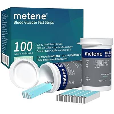 Metene TD-4116 Blood Glucose Test Strips, 100 Count, No Monitor | 100 Test Strips for Metene TD-4116 & S Meters Only, Diabetes Testing Kit Refill for Home Monitoring