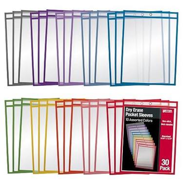 Better Office Products Dry Erase Pocket Sleeves, 30 Count, Crystal Clear, Oversized, 10.25" x 13.75", Heavy Duty Dry Erase Pocket Sheet Protectors, Reusable Pockets with 10 Assorted Colors, 30 Pack
