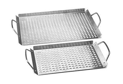 Outset Stainless Steel Grill Topper Grid, Set of 2, 11"x7" & 11"x17" Trays | Stainless Steel Grill Toppers | BBQ Veggie Grill Trays | Easy to Carry | Seafood Grill Tray With Holes | Infuses Flavor