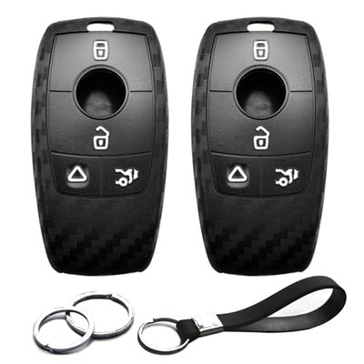 INFIPAR 2pcs Compatible with Mercedes Benz Key Fob Cover Case Key Chain fit for A B C E G S CLA CLS GLA GLB GLC GLE GLS Glass Accessories Protector Keyless Remote Holder Carbon Fiber Black