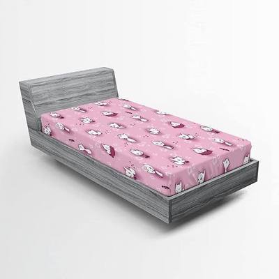 Lunarable Cats Fitted Sheet, Playful Kittens in Flowers with Butterflies Cat Kitty Meow Animals Girls, Bed Cover with All-Round Elastic Deep Pocket for Comfort, Twin Size, Pale Pink White