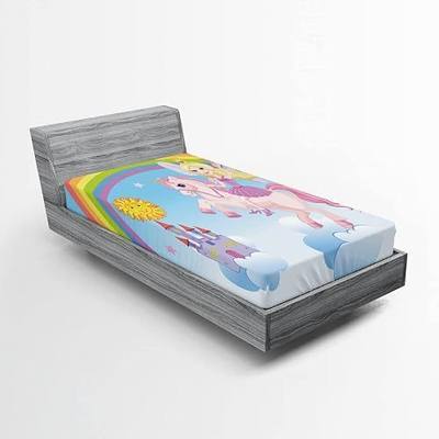 Lunarable Fantasy Fitted Sheet, Happy Cartoon on a Unicorn in Clouds with Rainbow Tale Kingdom Girls Image, Bed Cover with All-Round Elastic Deep Pocket for Comfort, Twin Size, Blue Pink