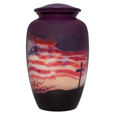 Flag and Cross Funeral Urn - Cremation Urn for Human Ashes - Aluminum -Suitable for Cemetery Burial or Niche - Large Size fits Remains of Adults up to 200 lbs - Veteran Patriotic urn