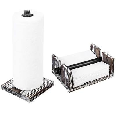 MyGift Paper Towel and Napkin Holder Set, Countertop Torched Wood and Industrial Metal Paper Towel Holder and Flat Napkin Holder with Weighted Arm