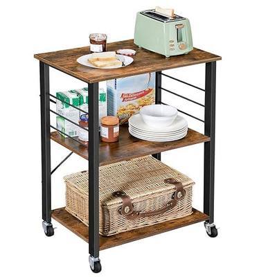 VASAGLE Kitchen Shelf on Wheels, 23.6 Inches Serving Cart with 3 Shelves, Kitchen Cart, Microwave Shelf, for Mini Oven, Toaster, with 6 Hooks, Industrial Style, Rustic Brown and Ink Black UKKS60XV1