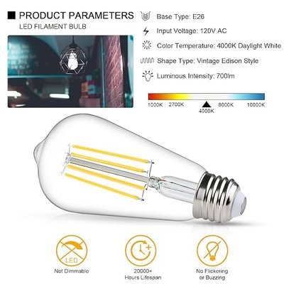 Defurhome LED Edison Bulbs, 60W Equivalent, 700Lumens, Daylight White 4000K, 6W ST58 LED Filament Light Bulbs with 80+ CRI, Antique Style Lighting, E26 Medium Base, Non Dimmable - Pack of 5