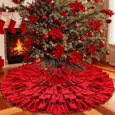 Large Red Ruffle Tree Skirt 48", Rustic Farmhouse Wedding Decorations, Tiered Fluffy Tree Skirt for Engagement Party & Mother Day Holiday Decor