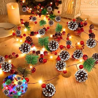 Dual Color Change & 12 Modes 7 FT Prelit Christmas Garland with Lights Timer 20 Warm White & Multicolored Lights 52 Red Berry 35 Pinecone 9 Bristle 9 Bells Lighted Pine Garland for Xmas Decor Indoor