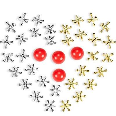 Gejoy 4 Set Vintage Metal Jacks and Ball Toys Kit Retro Game Board Games Include 40 Pieces Metallic Jacks and 4 Pieces Red Rubber Balls with Bag for Kids Adult Family Party Favor