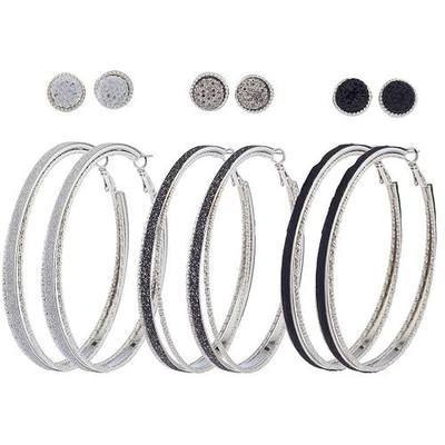 Lux Accessories Silvertone Hem Black Caviar Glitter Multi Earring Pack 6PCS