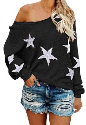 COCOLEGGINGS Women's Scoop Neck Long Sleeve Star Pullover Sweater Tunic Tops
