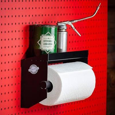 Pegboard Paper Towel Holder with Hooks, Peg Board Organizer Accessory | Heavy Duty Paper Towel Roll Holder with Storage Shelf, Pegboard Organizer for Kitchen, Workshop and Craft Room