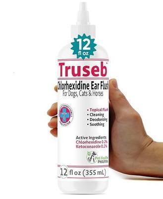 Truseb Maximum Strength Dog Ear Infection Treatment Flush, Cat & Dog Ear Cleaner Solution Medicated with Chlorhexidine & Ketoconazole Helps with Ear Itching Redness Swelling (12 oz)