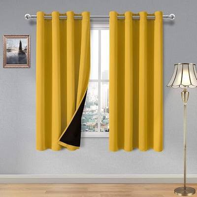 DWCN Black 100% Blackout Curtains for Bedroom 63 Inches Long, Thermal Insulated Grommet Panels with Black Liner Double Layer Total Blackout Full Room Darkening, Yellow, 52 x 63 Inch, 2 Panels