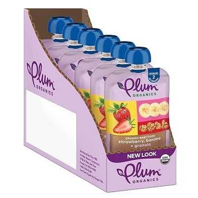 Plum Organics Baby Food Pouch | Stage 2 | Strawberry, Banana & Granola, Pouch | 3.5 Ounce | 6 Pack | Fresh Organic Food Squeeze | For Babies, Kids, Toddlers
