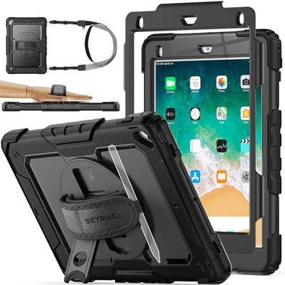 SEYMAC stock Case for iPad 6th / 5th Generation Case/Air 2 / Pro 9.7 inch, Heavy Duty Protective with Screen Protector, with Pencil Holder, Hand Strap, Shoulder Strap, 360 Rotate Stand, Black