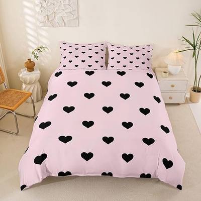 Pink Duvet Cover Queen Size Love Heart Bedding Set for Kids Girls Women, Pink and Black Love Pattern Comforter Cover Soft Breathable All Season Cute Kawaii Girly Bed Set Room Bedroom Decor