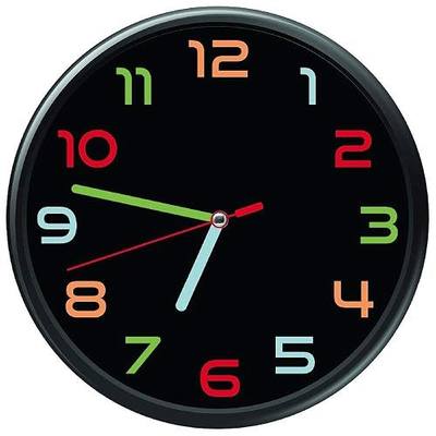 Non Ticking Wall Clock with Silent Sweeping Movement, Battery Operated and Included, Kids Room, Bedroom, Living Room Décor, Minimalist Decorative Design, Black with Color Numbers