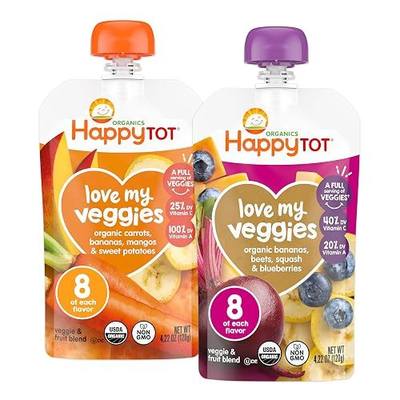 Happy Tot Organics Stage 4 Baby Food Pouches, Gluten Free, Vegan Snack, Love My Veggies, Fruit & Veggie Puree, Variety Pack, 4.22 Ounce (Pack of 16), Amazon Exclusive